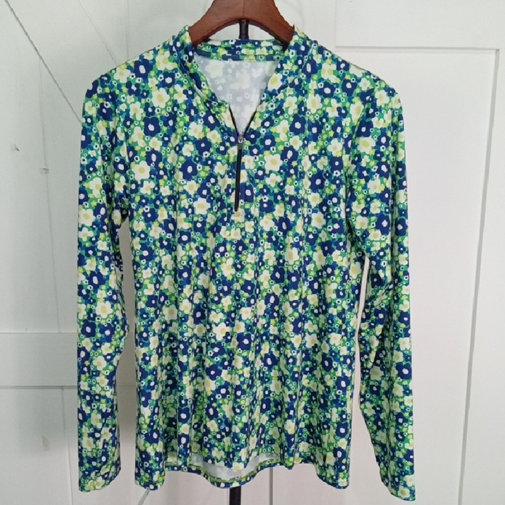 Dona Jo Floral Long-Sleeve Tunic Top in Blue & Green Size L